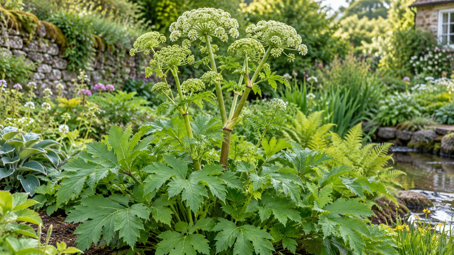 Healthy garden angelica with divided leaves and greenish-white flower umbels in a moist border
