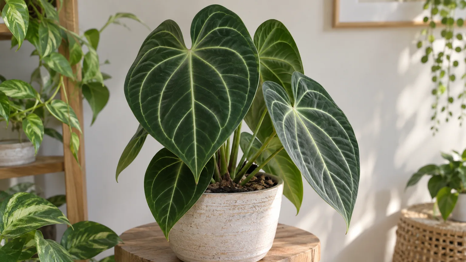 Healthy Anthurium clarinervium with dark velvety heart-shaped leaves and pale veins