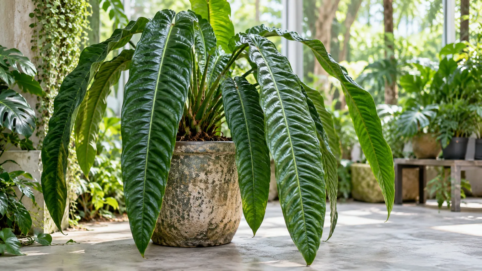 Mature Anthurium veitchii with long, corrugated green leaves in a bright conservatory