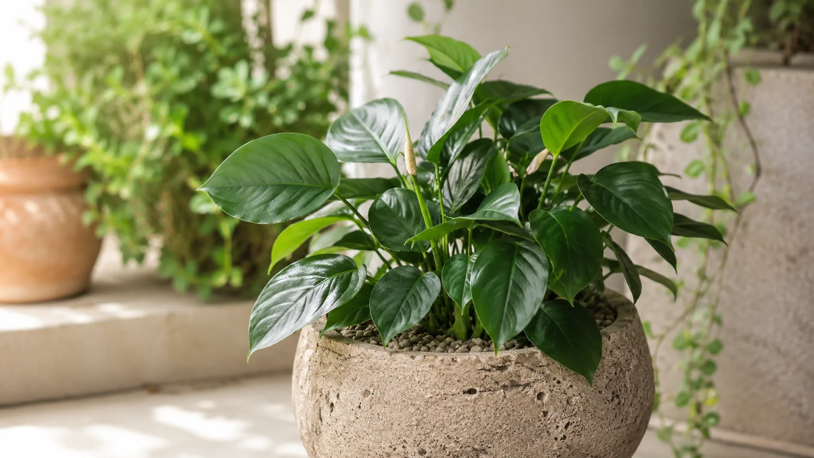Anubias aquatic plant in clean aquarium water