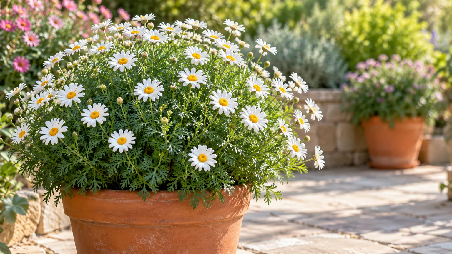 Healthy marguerite daisy with white blooms in a terracotta pot