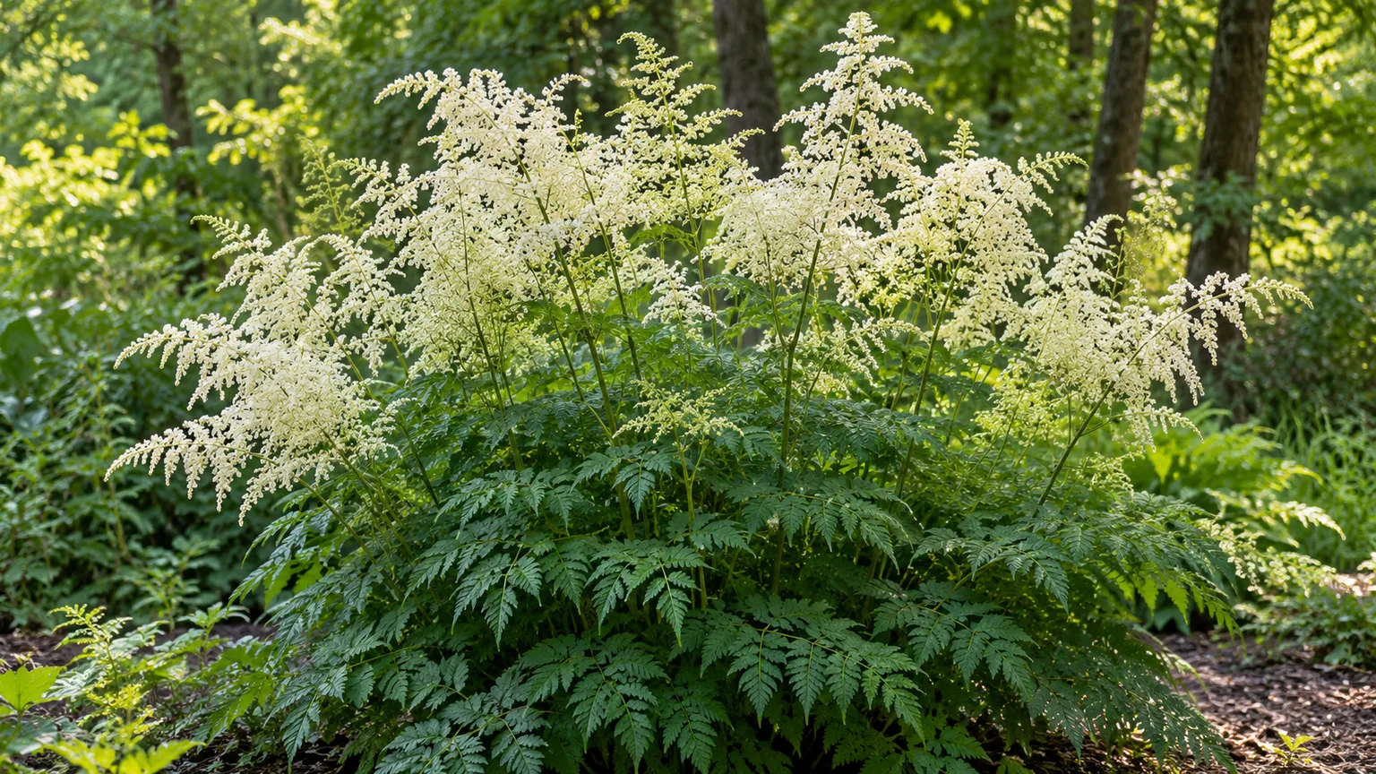 Mature goat's beard with feathery cream-white plumes and finely divided green foliage in dappled woodland shade