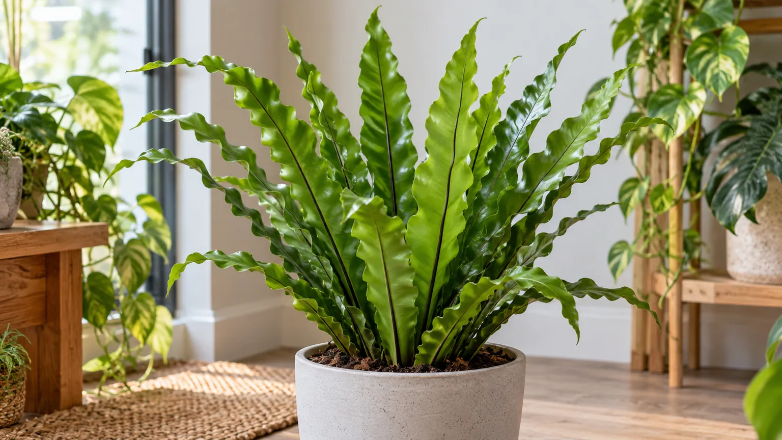 Healthy Asplenium antiquum with an upright rosette of rippled green fronds