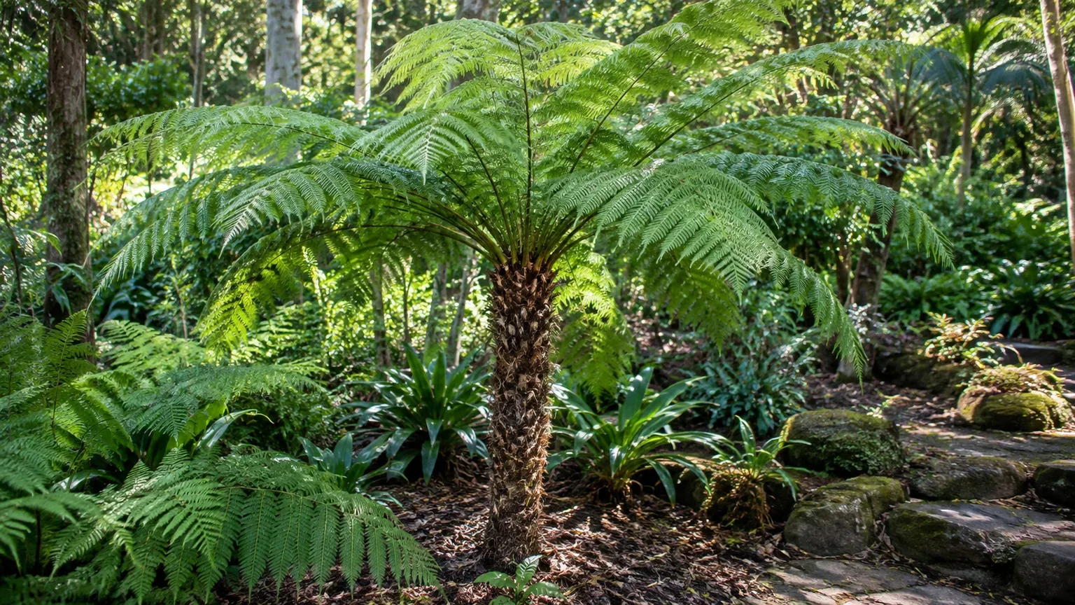 Mature Australian tree fern with lacy fronds in a sheltered, dappled-shade garden
