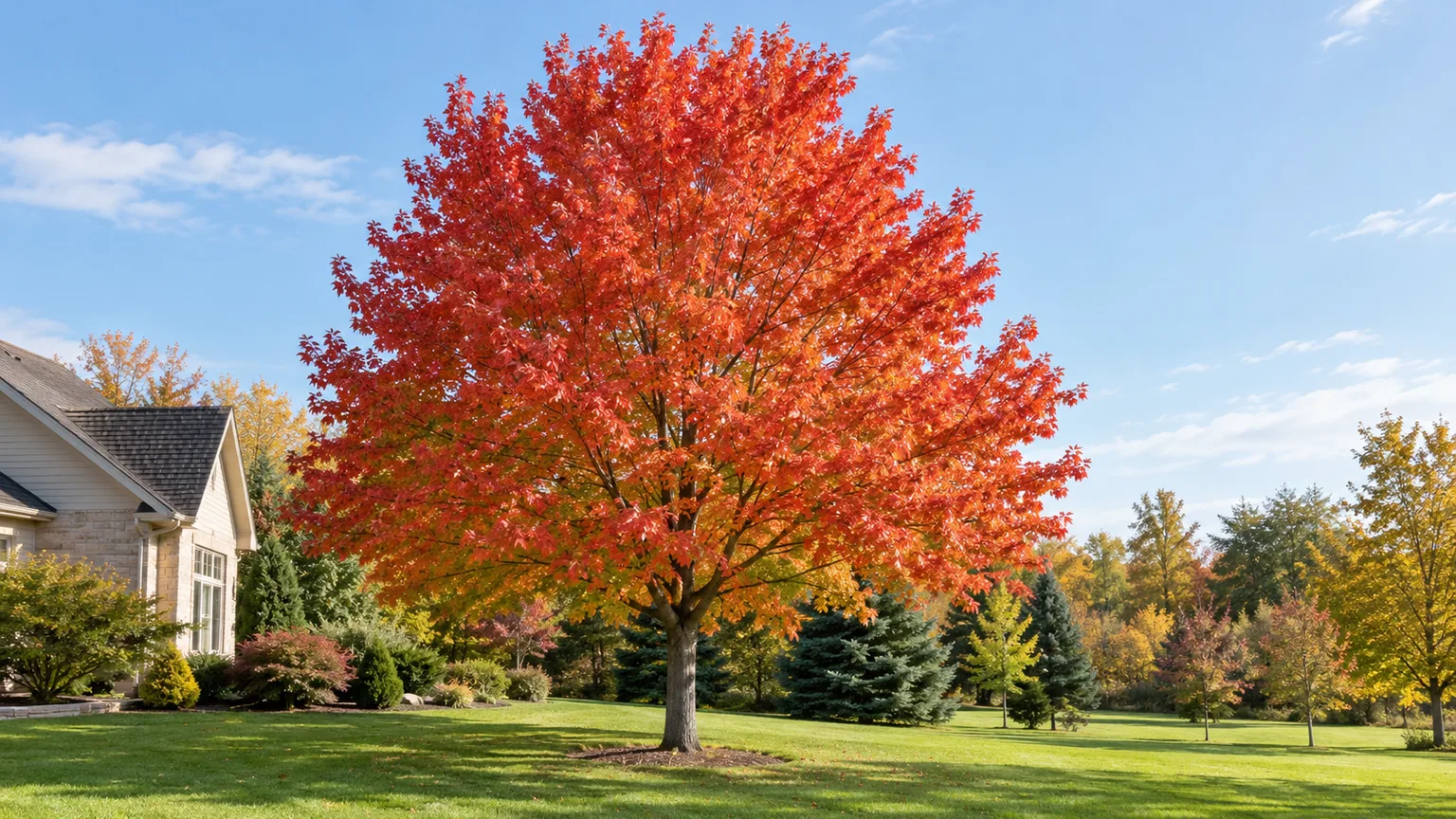 Mature Autumn Blaze maple showing a broad crown with orange-red fall foliage