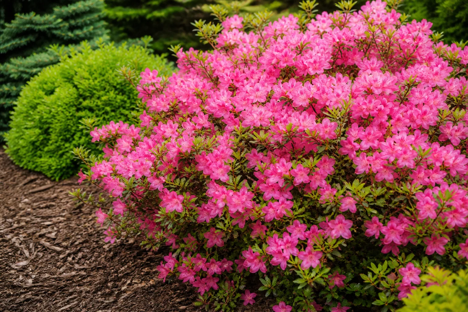 Pink azalea shrub blooming in a mulched garden bed