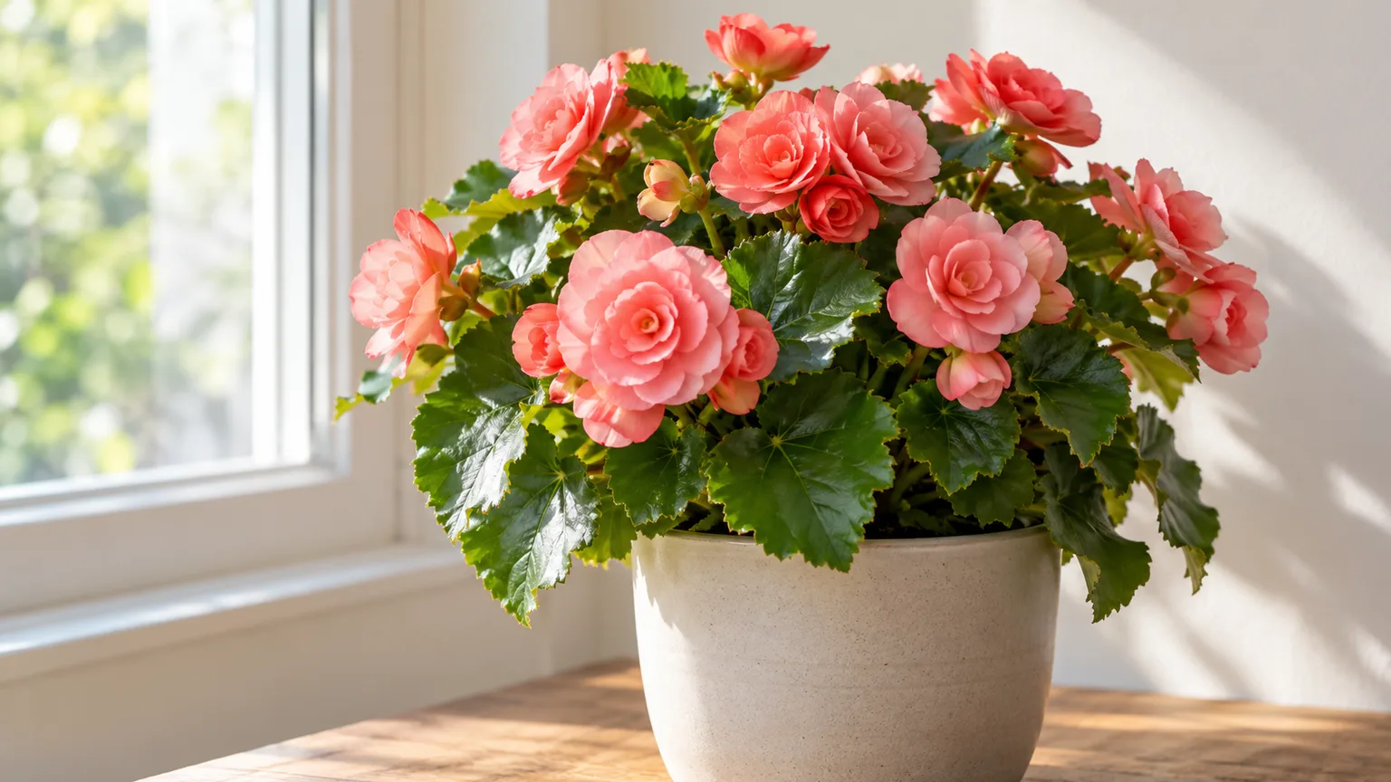 Healthy Elatior begonia with layered coral-pink blooms and glossy green leaves in a bright room