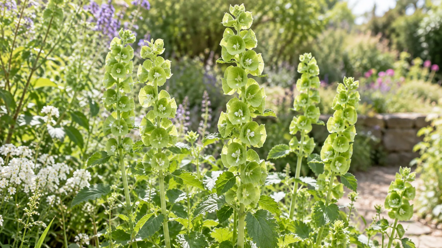 Tall green Bells of Ireland spikes with tiny white flowers in a mixed garden border