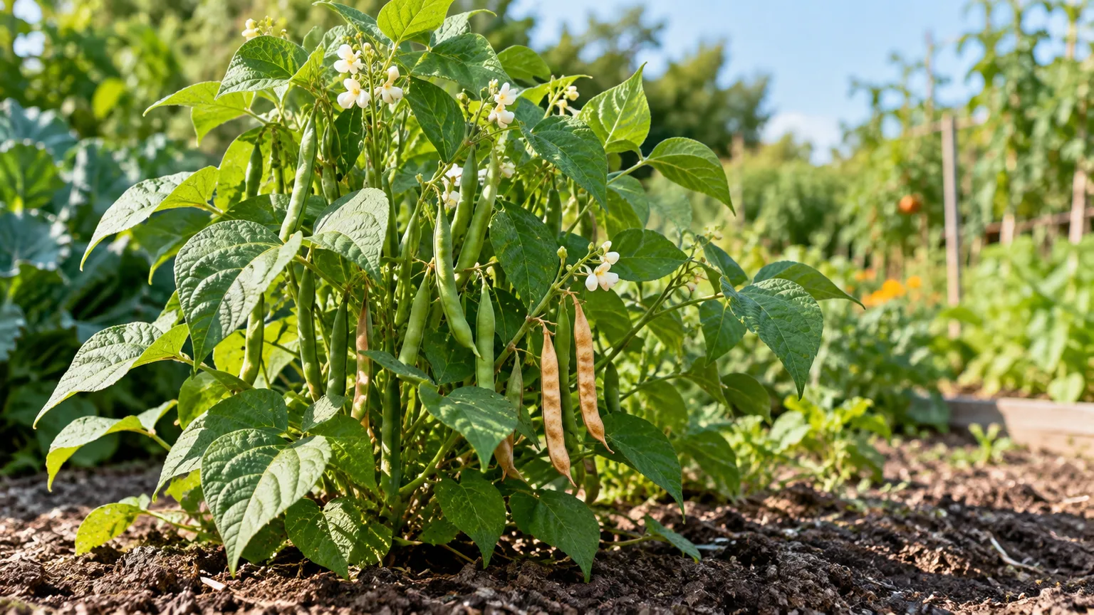 Mature black turtle bean plant with healthy green leaves and developing pods in a garden bed