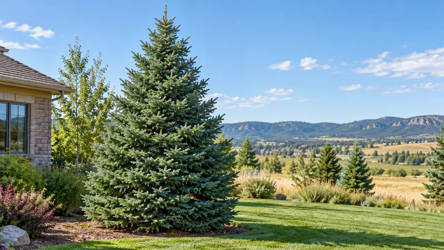 Mature Black Hills spruce with a dense pyramidal crown in a sunny northern landscape.