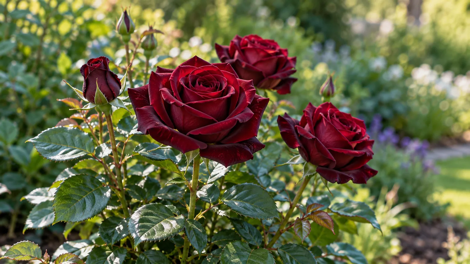Healthy Black Magic hybrid tea rose with velvety dark burgundy blooms and glossy foliage