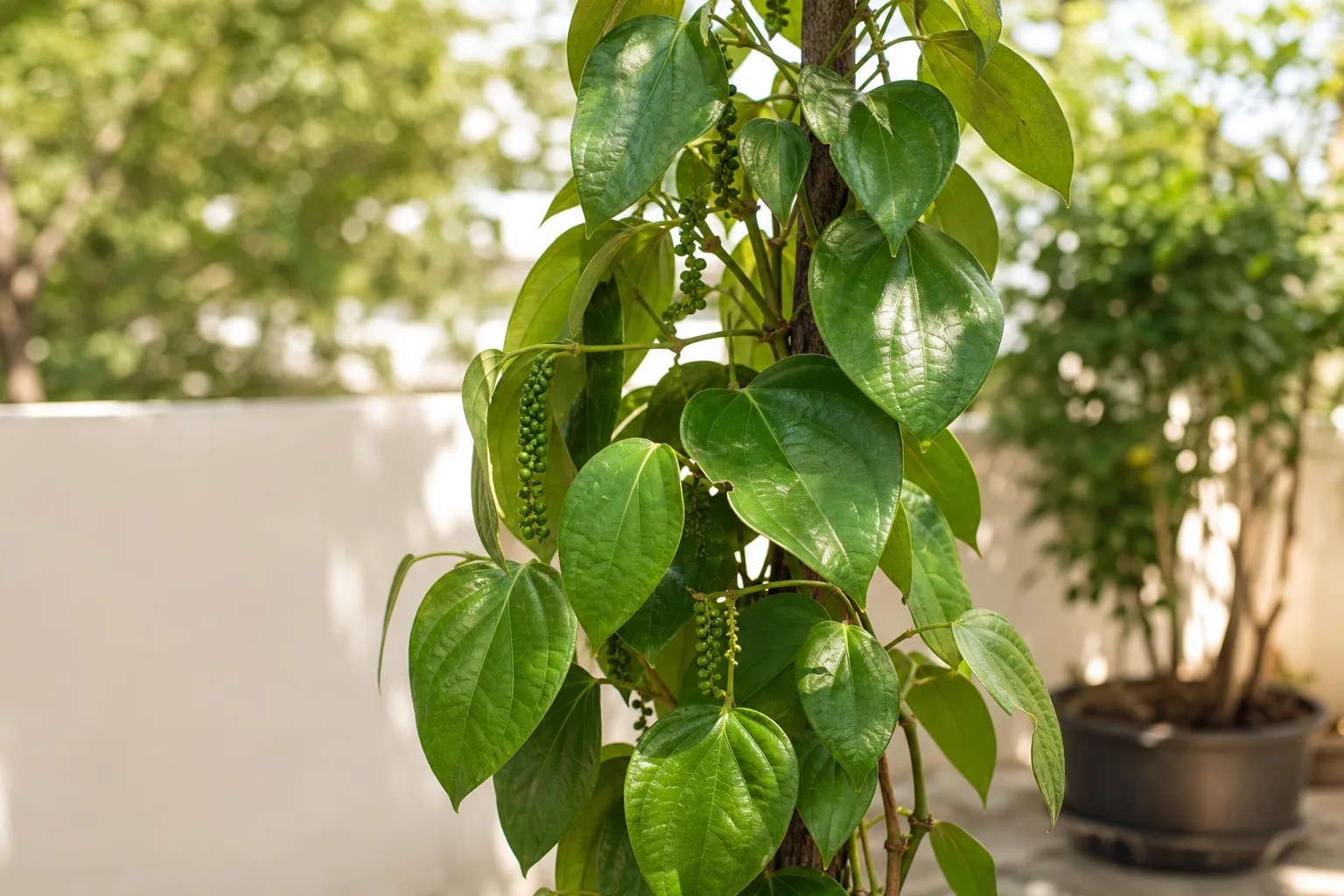 Healthy black pepper vine with heart-shaped leaves and green peppercorn clusters