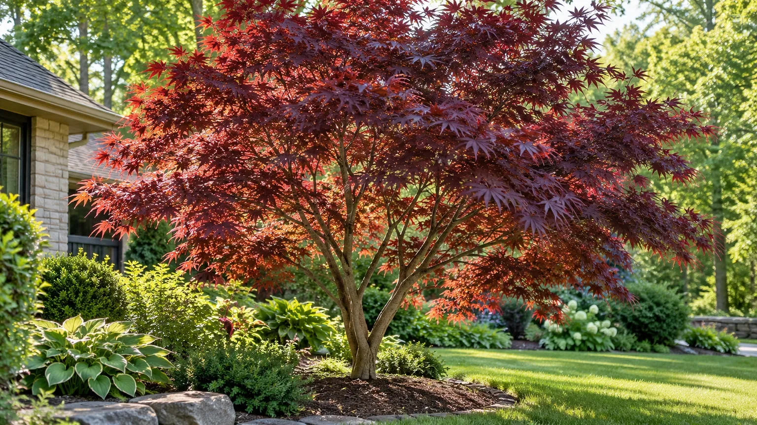 Healthy Bloodgood Japanese maple with deep burgundy, palm-shaped foliage in a sheltered garden
