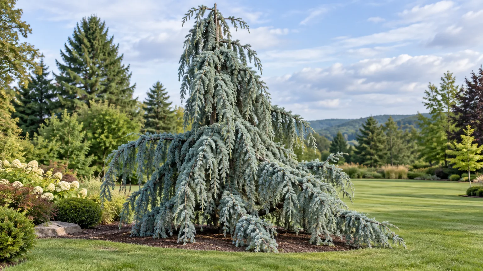 Healthy weeping Blue Atlas cedar with cascading blue-green branches in a sunny garden