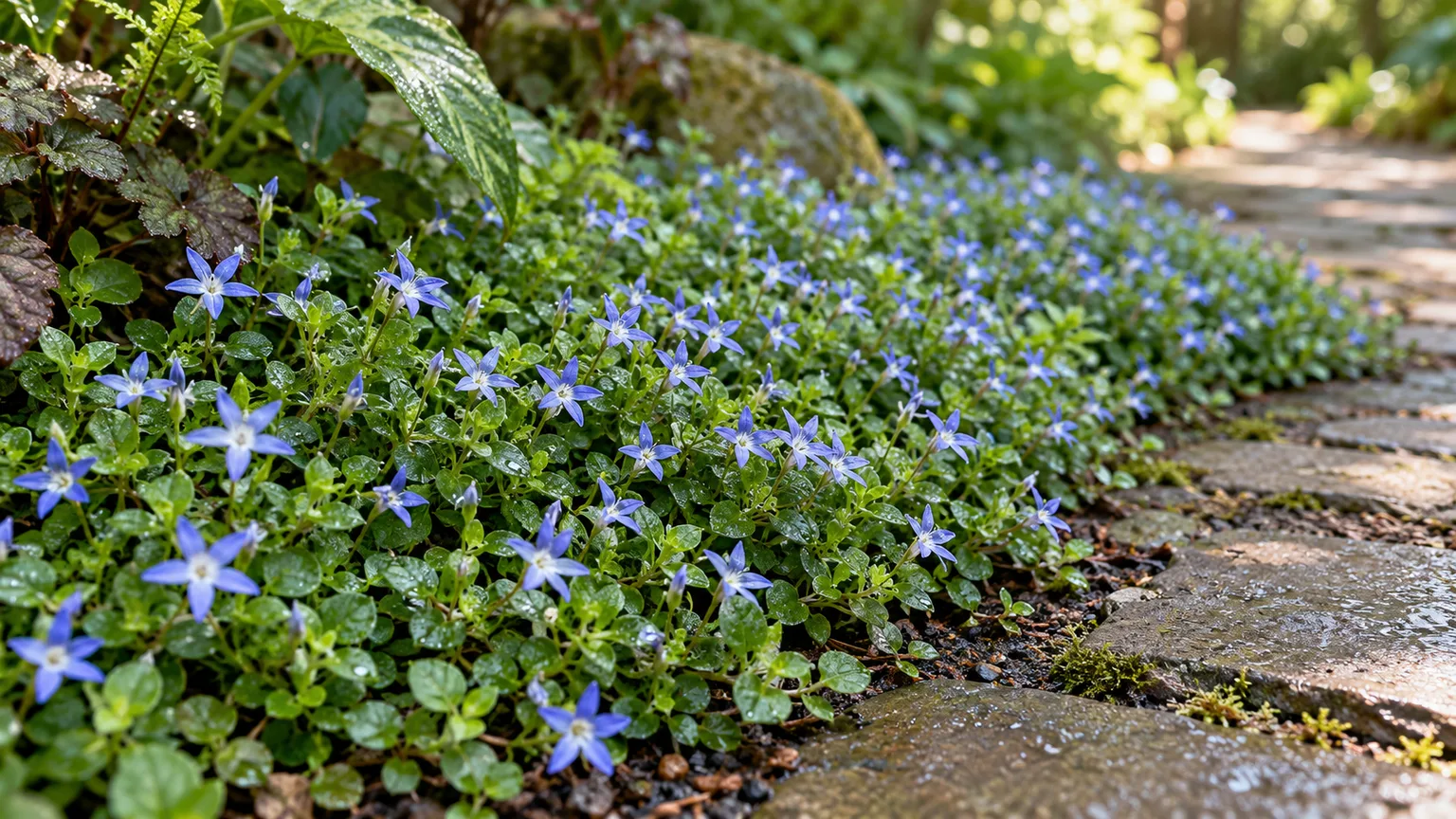 Low carpet of blue star creeper with pale blue flowers beside a stone path