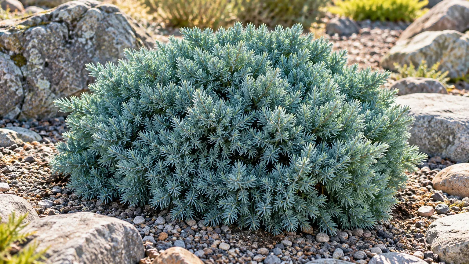 Healthy Blue Star juniper forming a blue-gray mound in a sunny rock garden