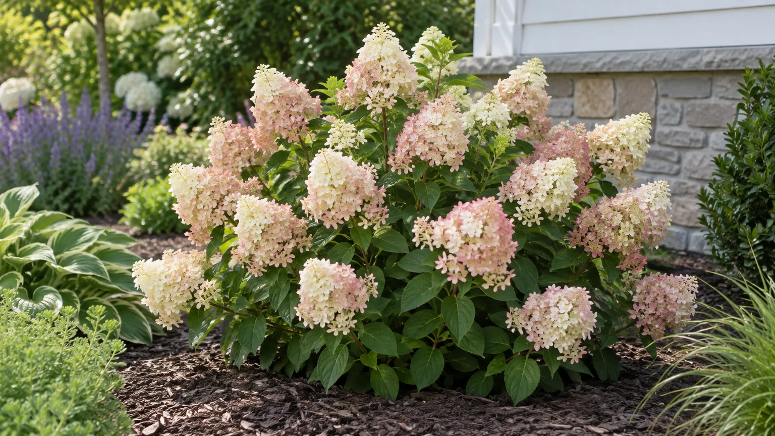 Pink-and-white panicle hydrangea flowering in a mulched garden bed beside a house
