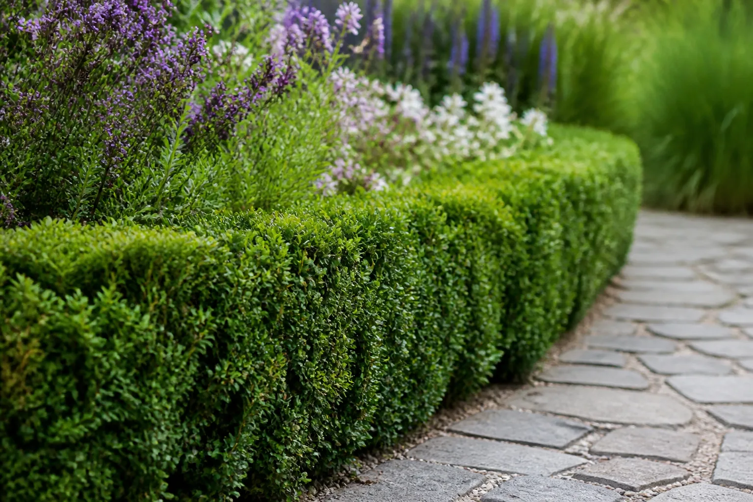 Healthy boxwood with dense green foliage in a garden setting