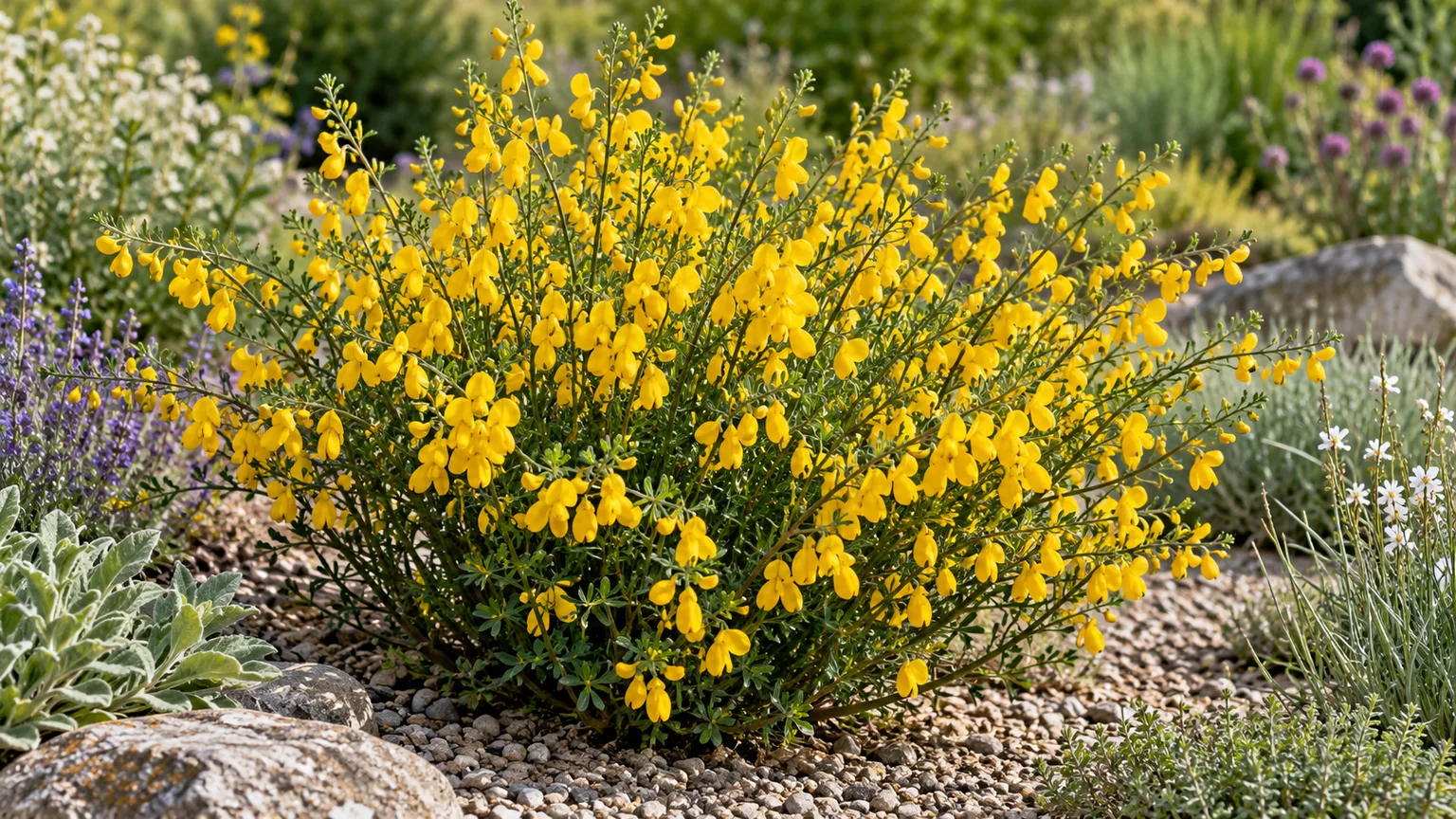 Golden-flowering broom shrub in a sunny, gravelly garden border