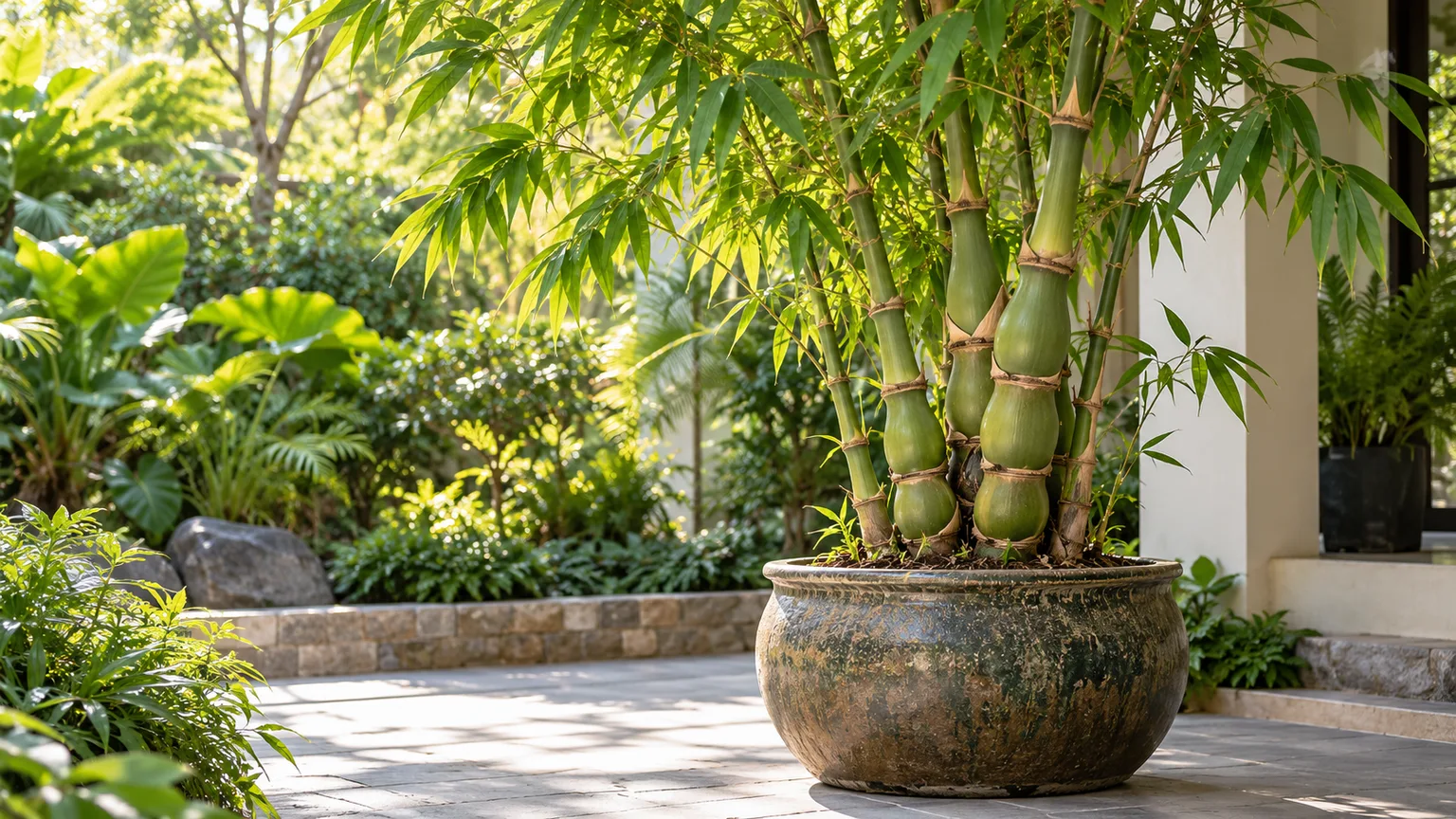 Buddha belly bamboo with swollen lower canes growing in a stable patio pot