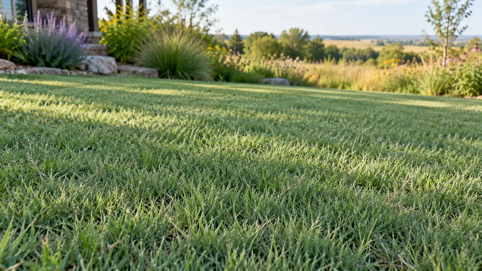 Healthy low-growing buffalograss lawn in a sunny Great Plains garden