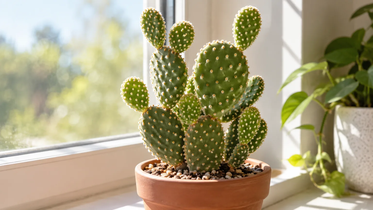 Bunny ear cactus with paired oval pads and pale glochid dots in a terracotta pot