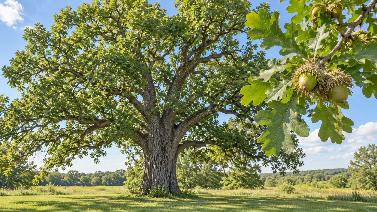 Mature bur oak with deeply lobed leaves and large fringed acorns