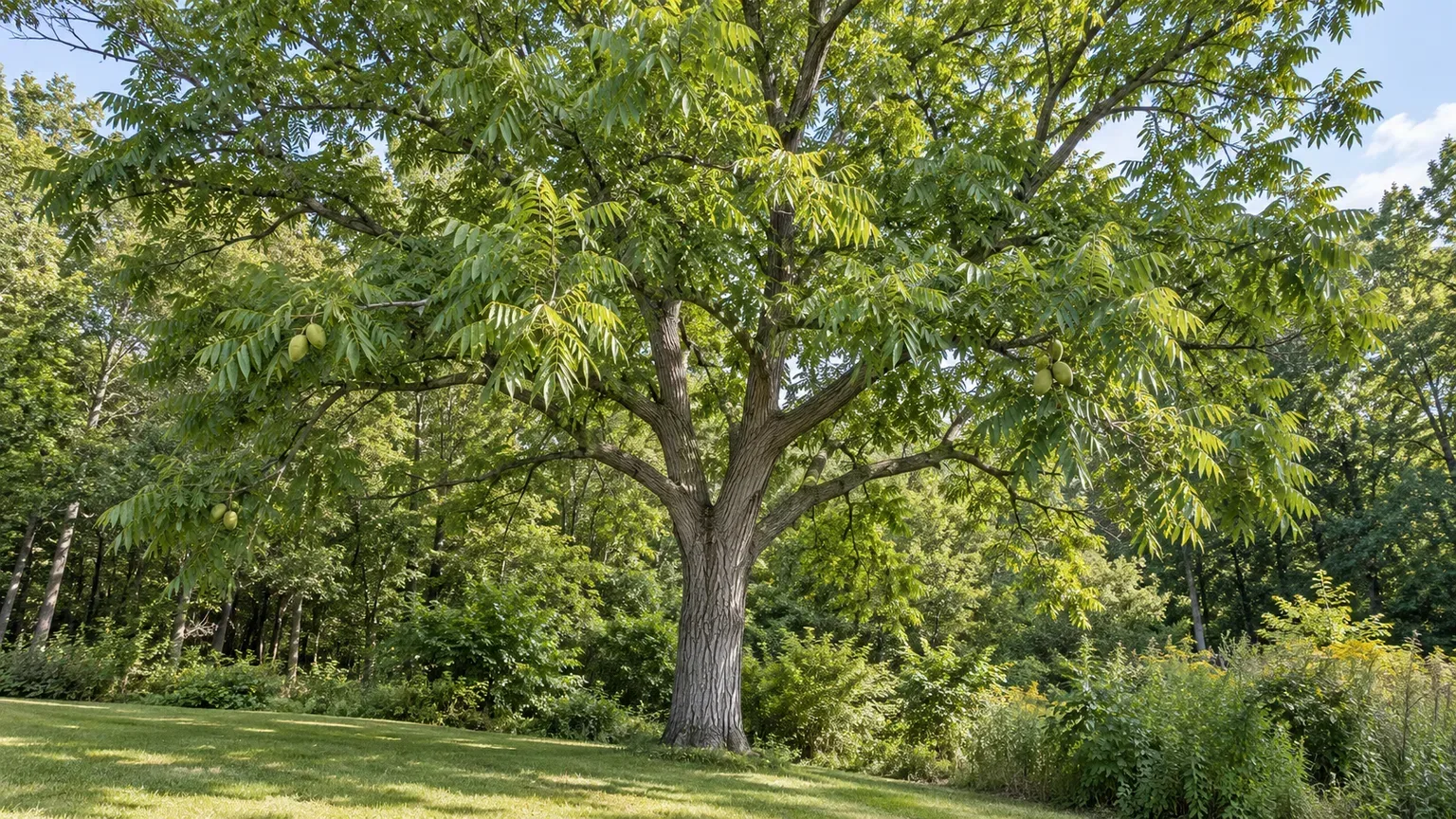 Mature butternut tree with a broad crown and pinnate leaves