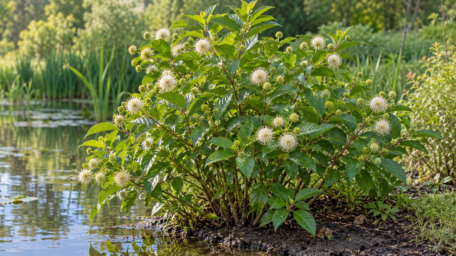 Healthy buttonbush with spherical white flowers growing at a pond edge