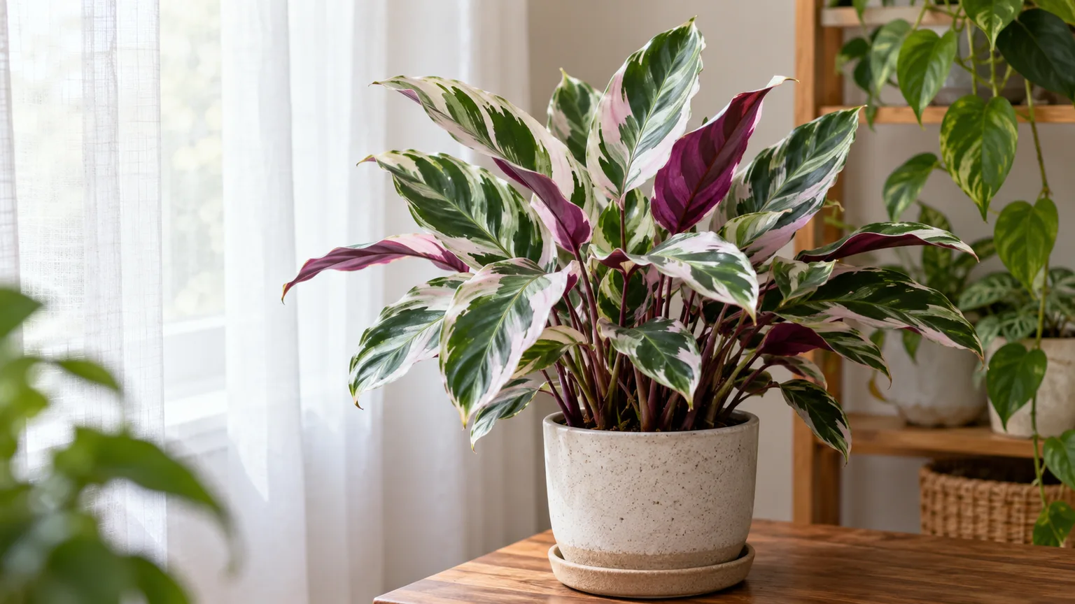 Calathea 'White Fusion' with marbled white, green, and lilac leaves in bright indirect light