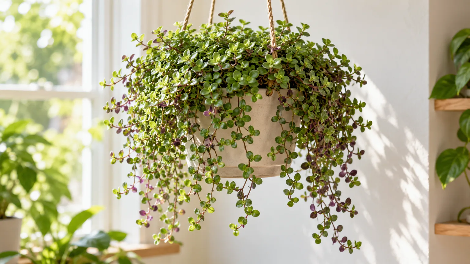 Healthy turtle vine with tiny green leaves and purple undersides cascading from a hanging planter
