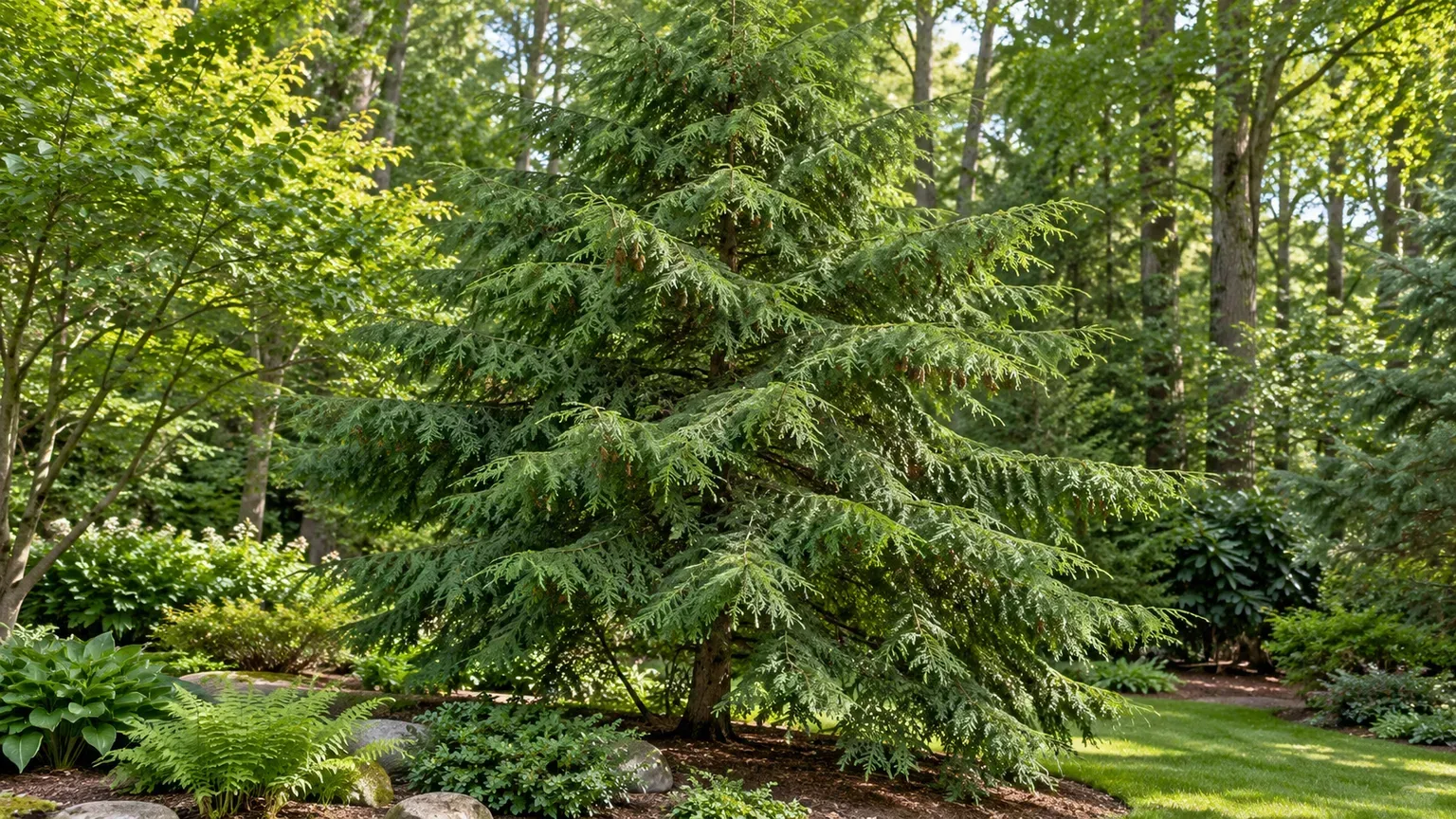 Mature Canadian hemlock with layered evergreen branches in a shaded woodland garden