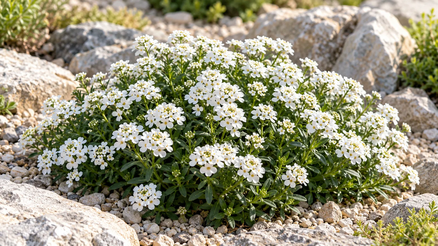 Candytuft with white flowers and dark foliage in a sunny rock garden