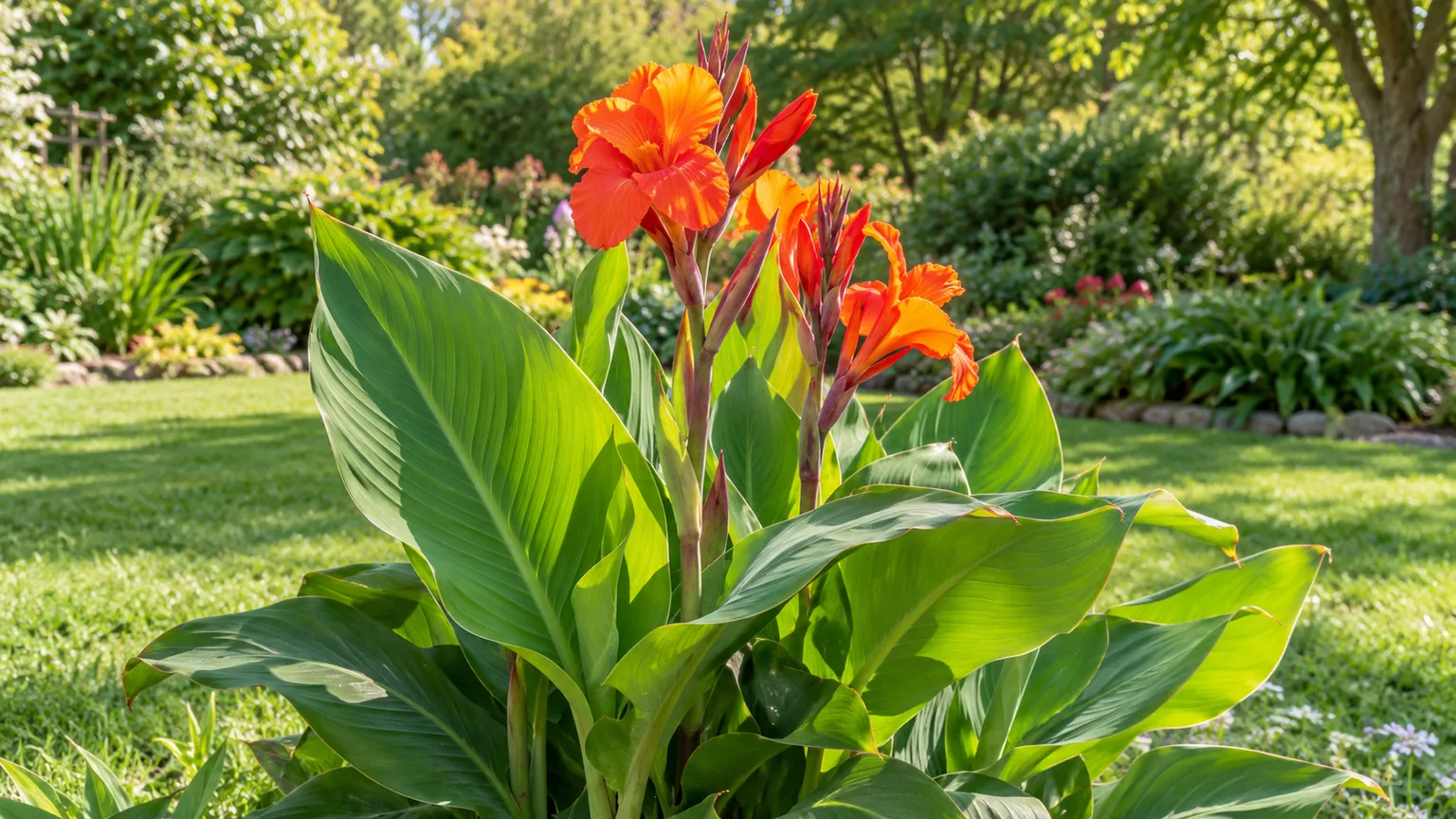 Canna lily with bold foliage and colorful flowers in a sunny garden