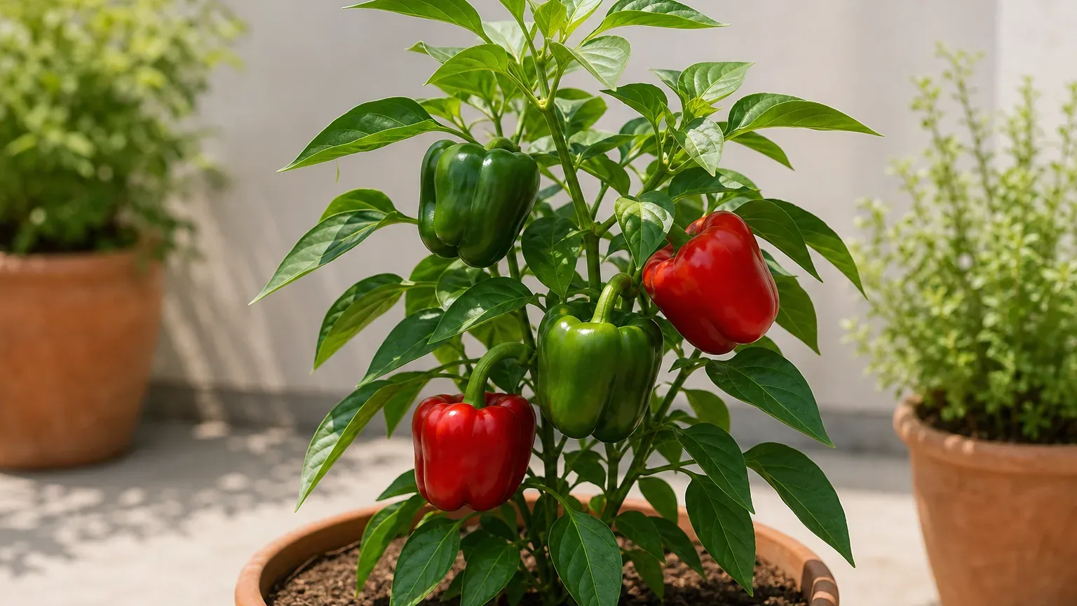 Healthy bell peppers ripening on a potted capsicum plant