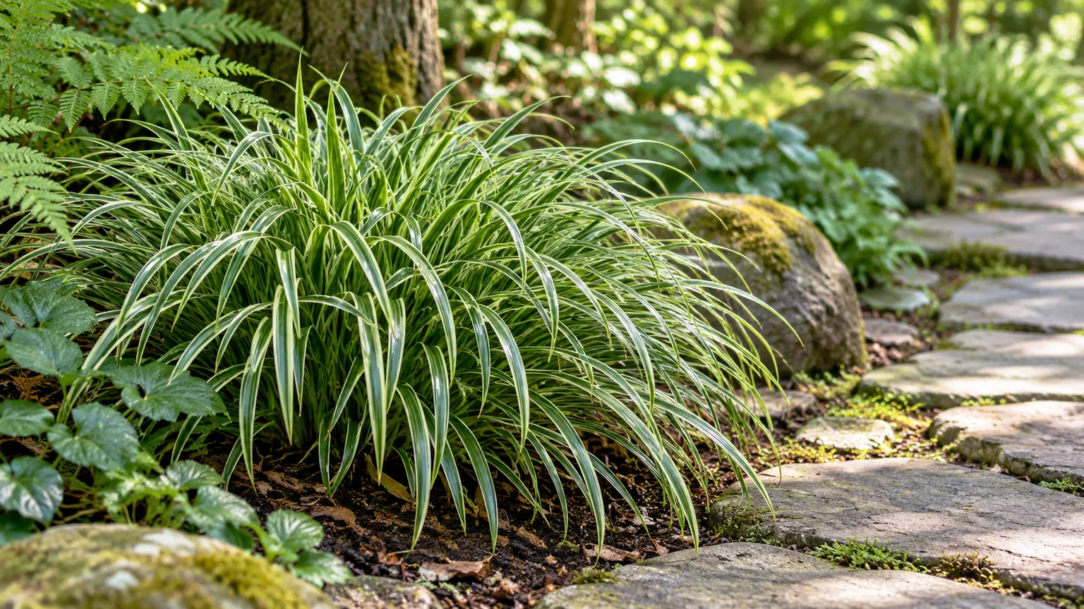 Arching green Japanese sedge with cream margins beside a shaded woodland path