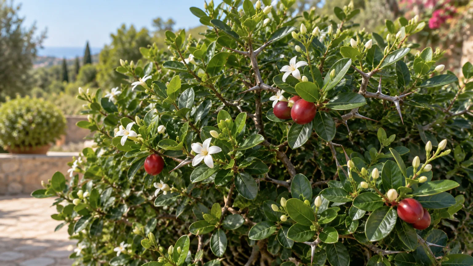 Healthy Natal plum shrub with glossy leaves, white star-shaped flowers, red fruit, and forked spines
