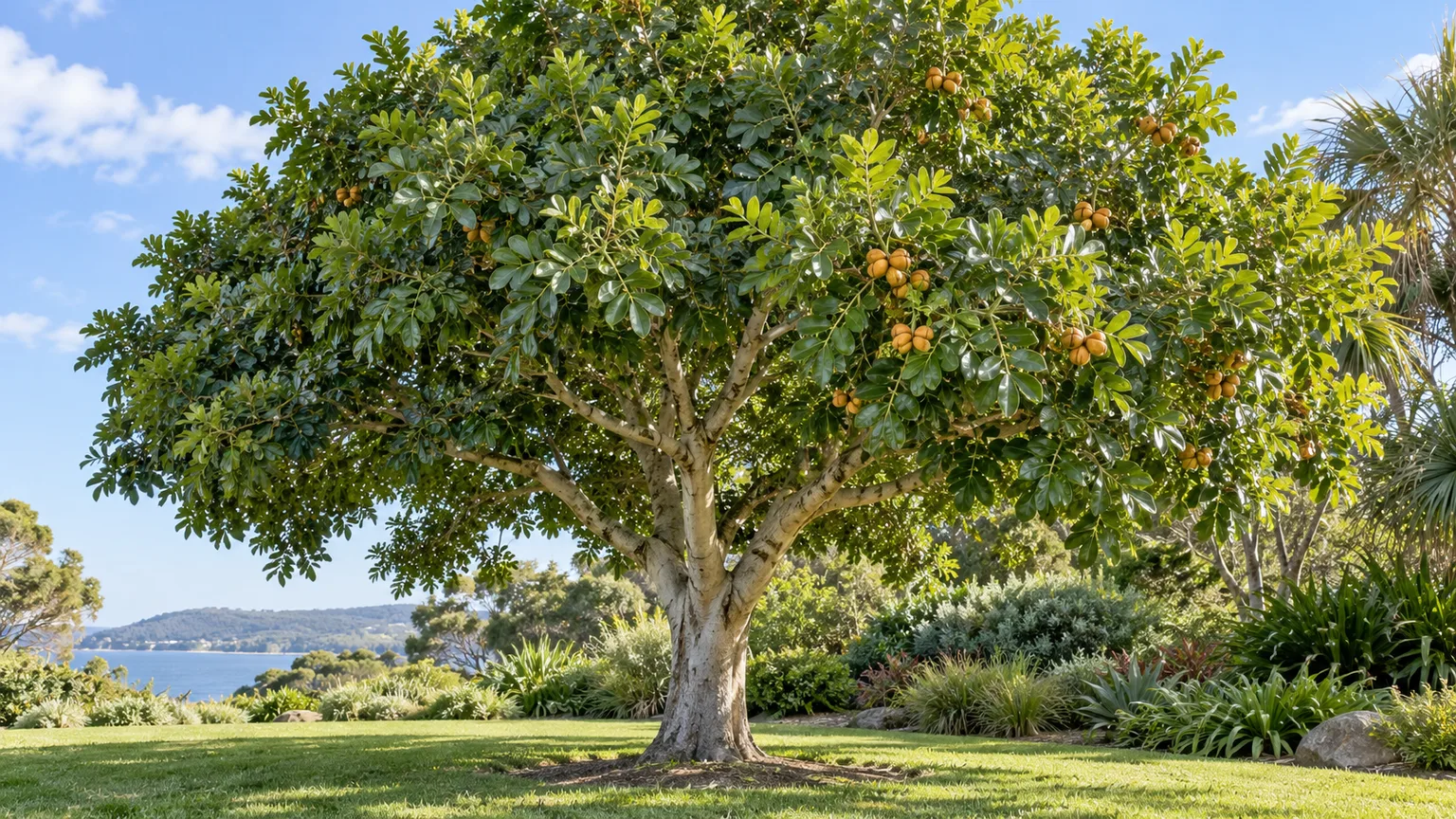 Mature carrotwood tree with glossy compound leaves and yellow-orange seed capsules in a sunny landscape