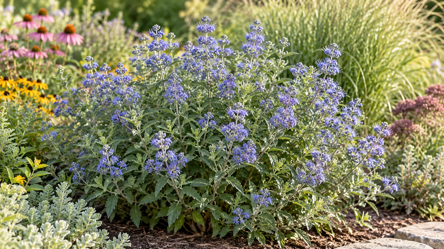 Healthy bluebeard shrub with powder-blue flower clusters in a sunny garden border