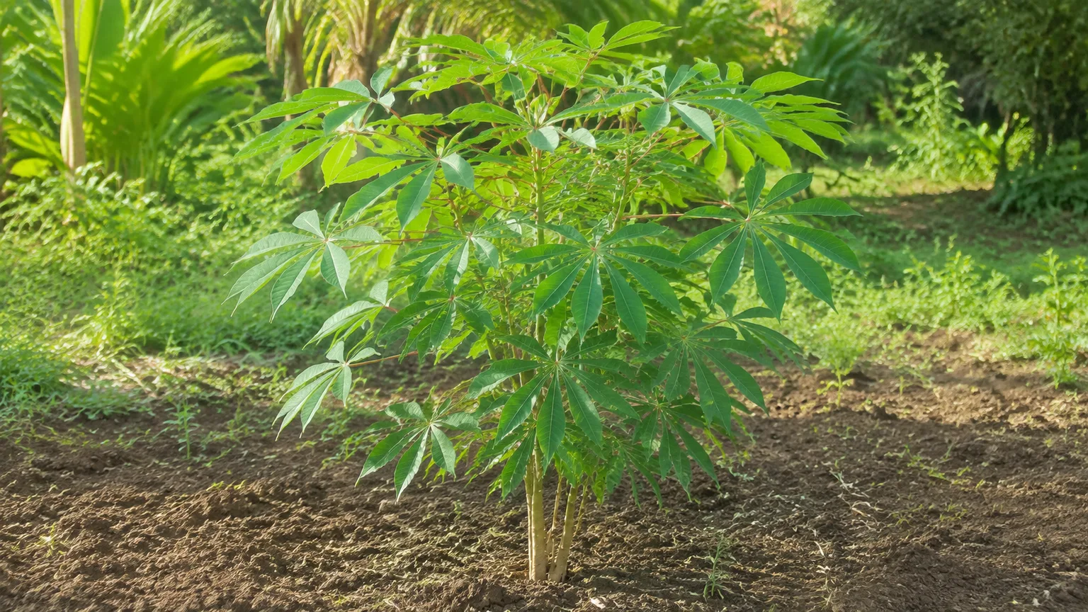 Healthy cassava plant with palmate leaves growing in a sunny garden