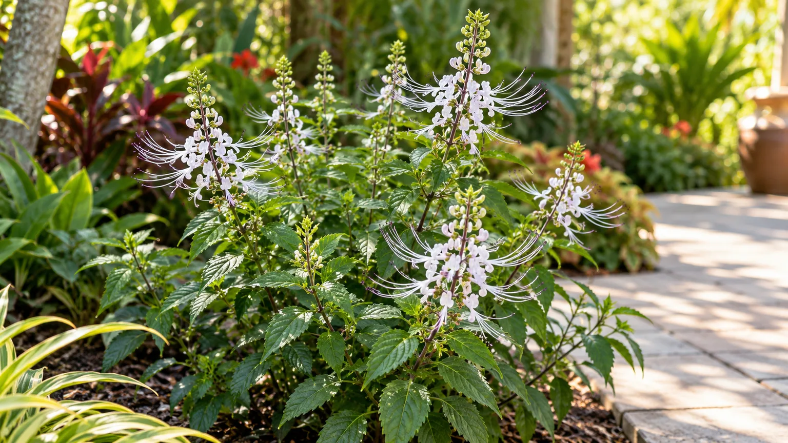 Cat whiskers plant with pale flowers and long projecting stamens in a sunny garden