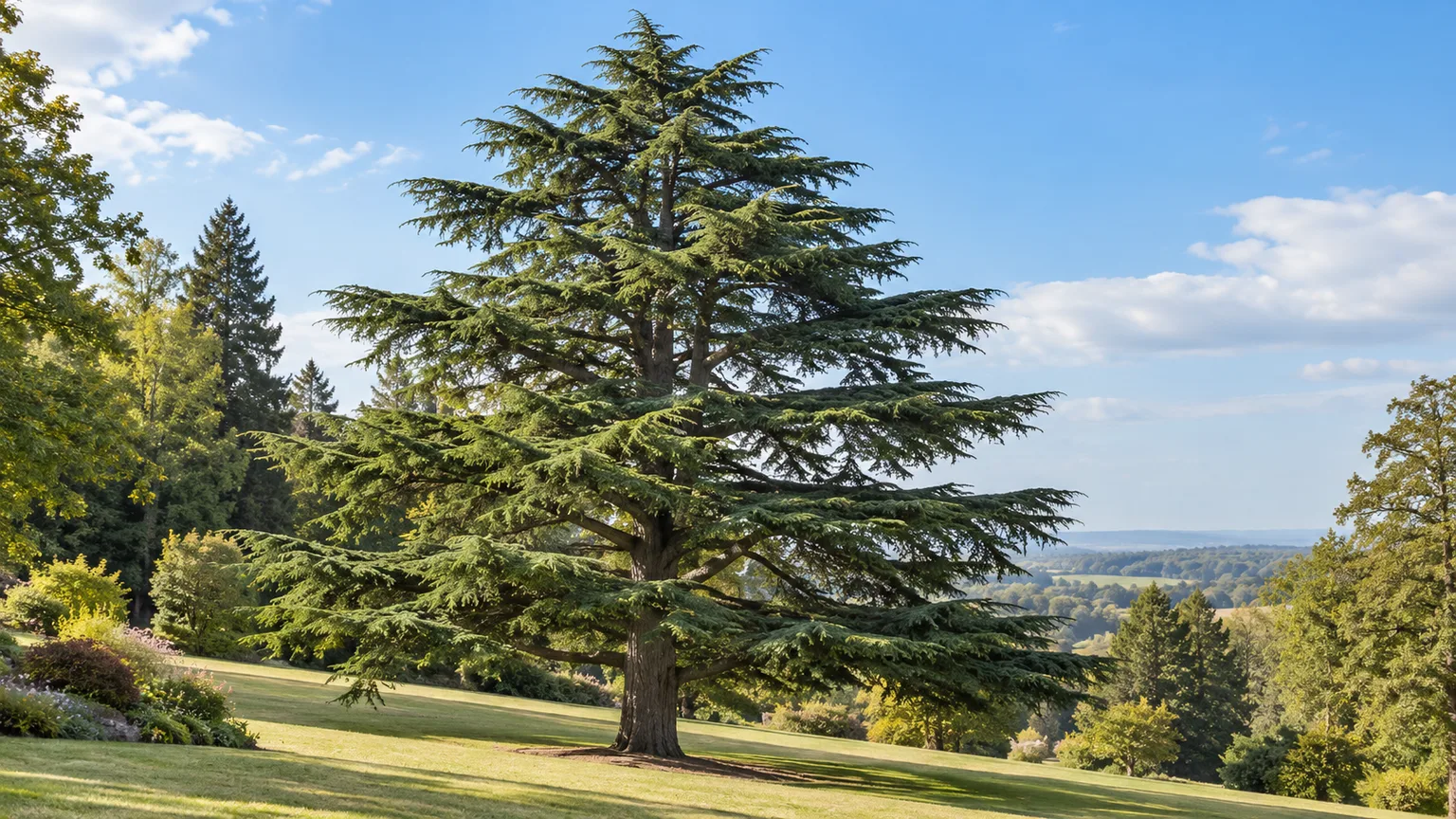 Mature Cedar of Lebanon with dark green tiered branches in a sunny, open landscape