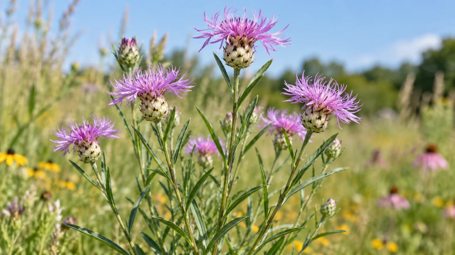 American basketflower with pink-lavender fringed blooms and woven bracts growing in a sunny garden