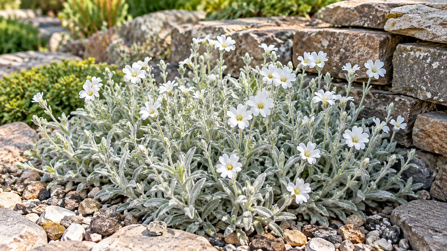 Snow-in-summer with silvery woolly foliage and white flowers in a sunny rock garden