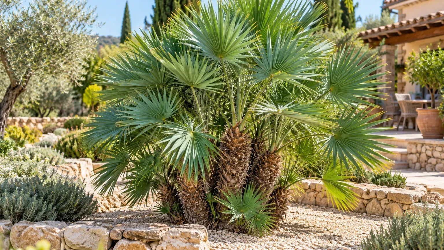 Healthy European fan palm with blue-green fan leaves in a sunny Mediterranean garden