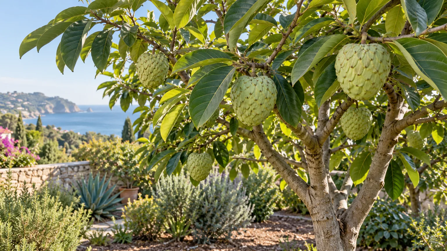 Healthy cherimoya tree with pale green fruit in a mild coastal garden