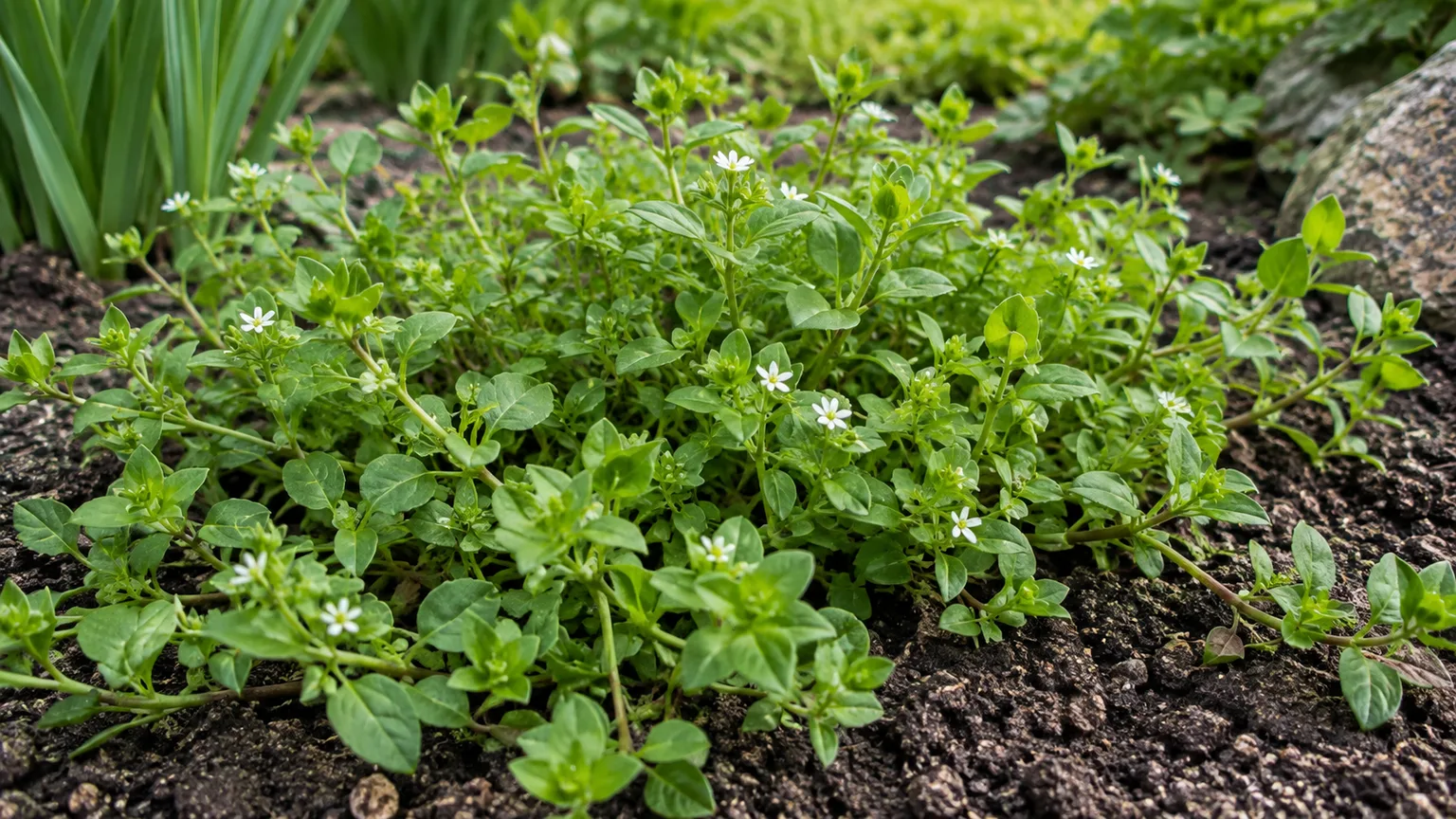 Common chickweed with its small divided white petals and opposite leaves