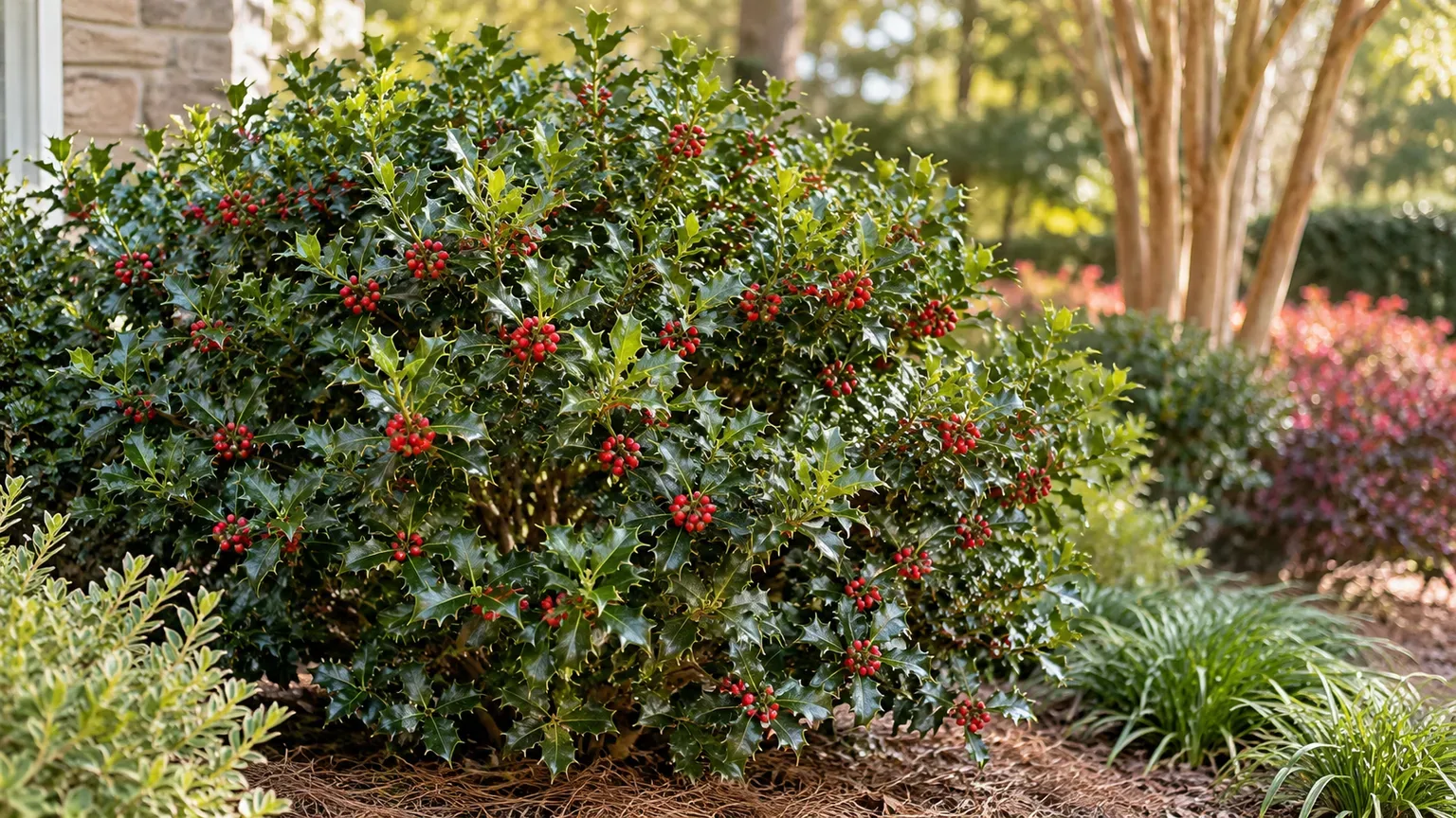 Chinese holly with glossy spiny foliage and red berries in a southeastern garden