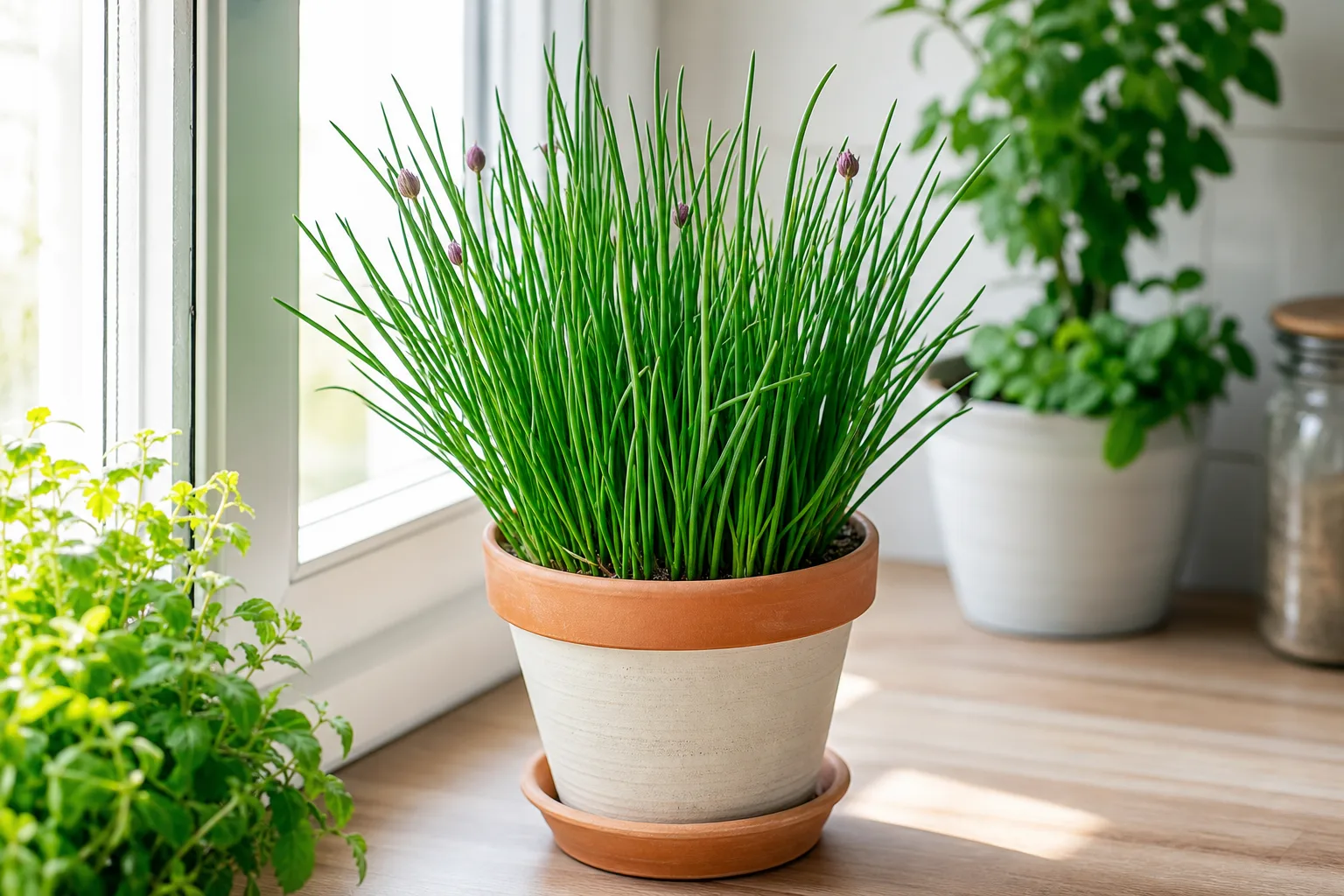 Chives growing in a compact pot on a kitchen windowsill