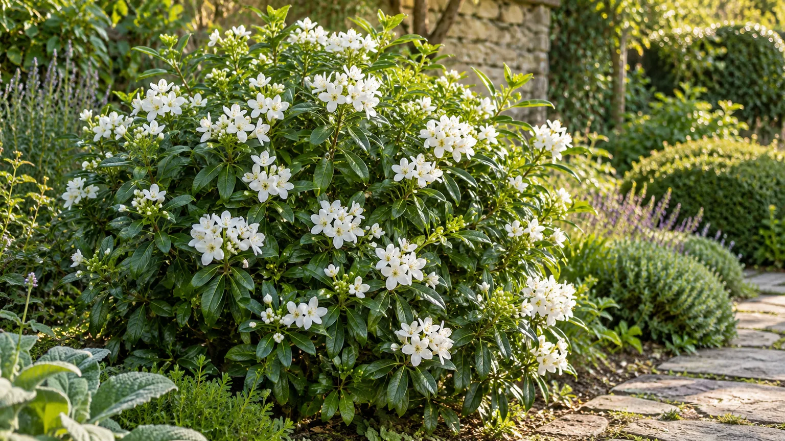 Healthy Mexican orange blossom shrub with glossy three-leaflet foliage and white flowers